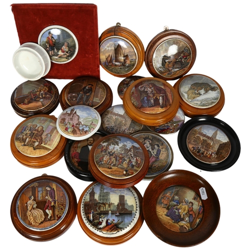 769 - A boxful of Victorian polychrome Pratt Ware pot lids, some framed, etc