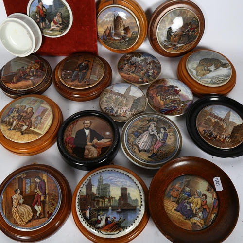 769 - A boxful of Victorian polychrome Pratt Ware pot lids, some framed, etc