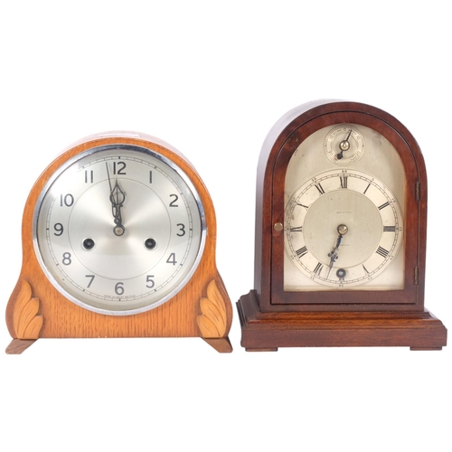77 - 2 x 1920s oak dome-top mantel clocks, 8-day movements, tallest 24cm, retailed by Barfoot Brothers Ho... 
