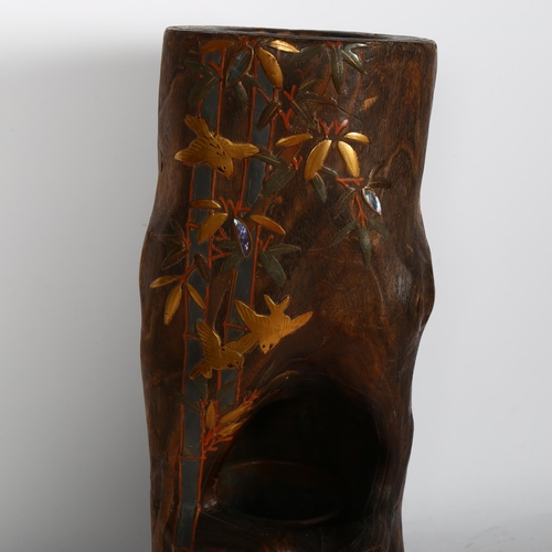 771 - An early 20th century Japanese paulownia wood Ikebana vase, with Maki-e lacquer-work decoration and ... 