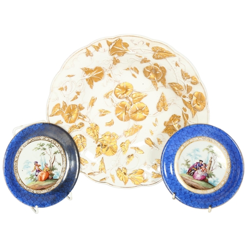 784 - A pair of Meissen plates, with painted and gilded romantic scenes, 14.5cm, and a Meissen dish with m... 