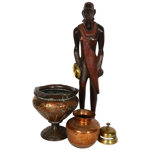 787 - A carved hardwood Masai figure, 61cm, Antique brass desk bell, and 2 engraved copper pots