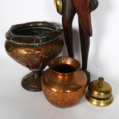 787 - A carved hardwood Masai figure, 61cm, Antique brass desk bell, and 2 engraved copper pots