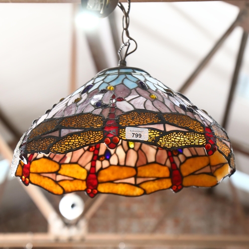 799 - A Tiffany style lead and glass light fitting, with dragonfly design, diameter 40cm