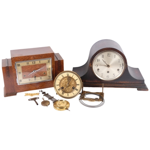80 - An early 20th century oak-cased Napoleon mantel clock, an Art Deco oak-cased mantel clock, a Vienna ... 