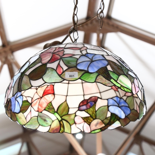 801 - A large Tiffany style lead and glass pendant light fitting, tulip design decoration, diameter 48cm