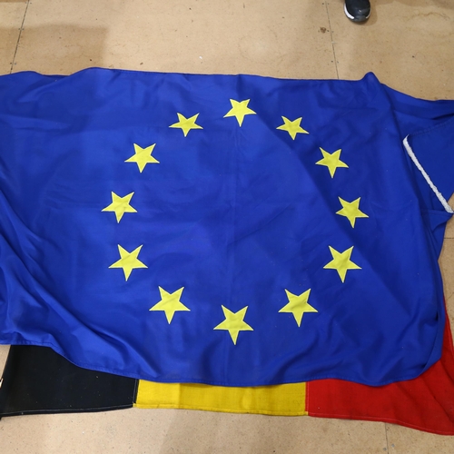 805 - A Gibraltar banner, a European Union flag, 224cm x 102cm, and a Belgian flag