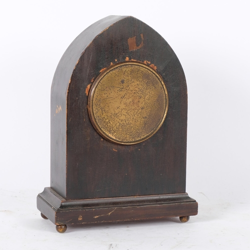 81 - An inlaid mahogany clock with curved top and French 8-day movement, H24cm