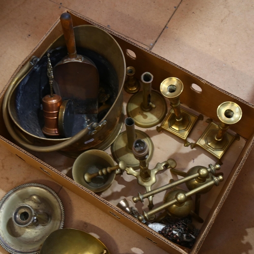 813 - Candlesticks, coal bucket, shovels, pestle and mortar etc