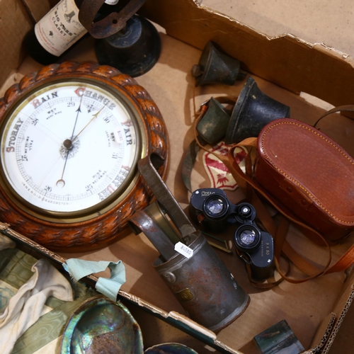 814 - Barometer in carved rope twist surround, binoculars, seashells, bells etc