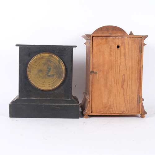 83 - A Victorian black slate and green marble mantel clock, enamel dial and 8-day movement, and an oak-ca... 