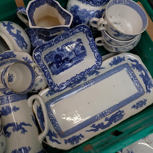 91 - A large quantity of various blue and white china, including Masons Denmark teaware, Burslem dragon t... 