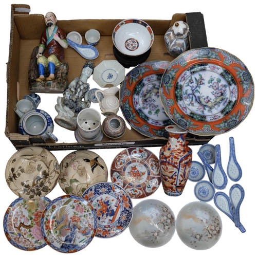 93 - A quantity of mixed ceramics, including an Imari decorated vase, English Staffordshire plates, blue ... 