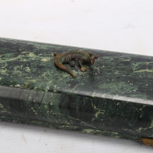 909 - A Chinese green marble box and cover, with bronze dragon handle and bracket feet, length 15cm