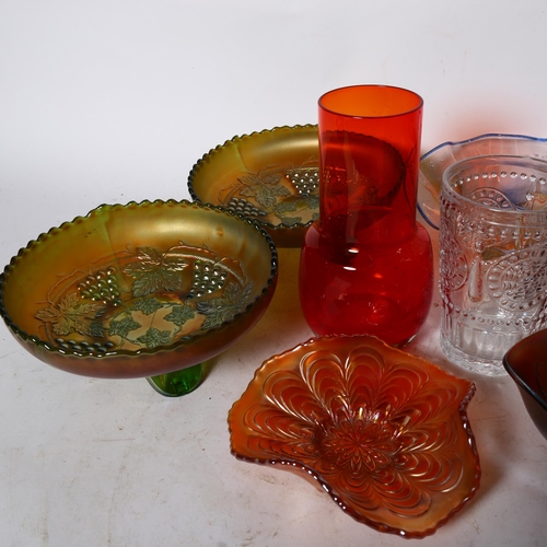 973 - 2 Carnival glass comports, 19.5cm, other glassware, and a wooden box