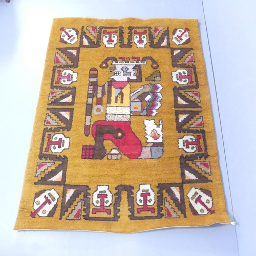 2121 - A late 20th century Mayan, Aztec, South American design handmade woollen rug. 198x144cm.