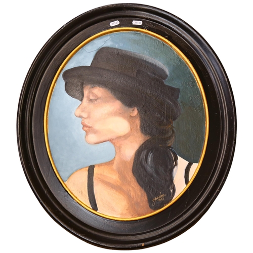 1022 - CLIVE FREDRIKSSON - an oil on board, study of a girl in a black hat, oval frame, signed.