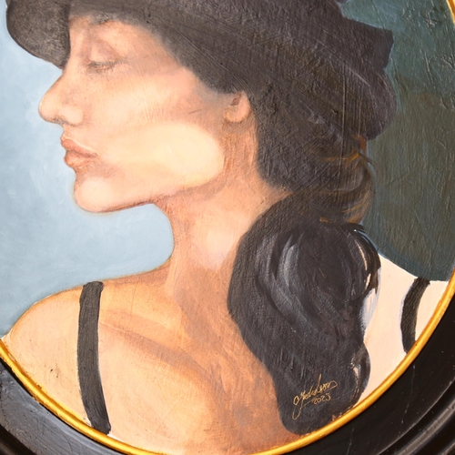 1022 - CLIVE FREDRIKSSON - an oil on board, study of a girl in a black hat, oval frame, signed.