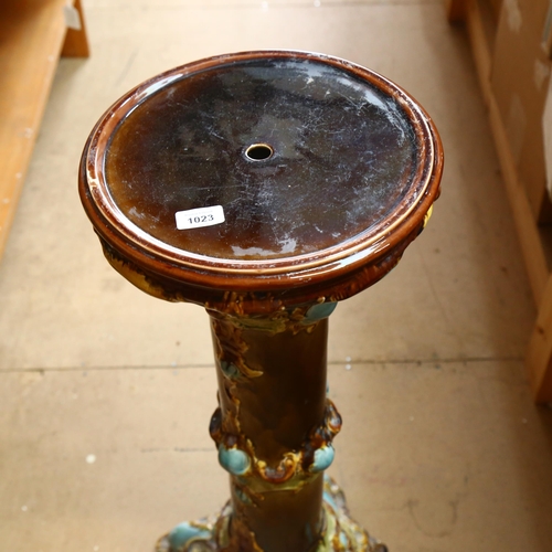 1023 - A Majolica pedestal, H86cm, diameter 31cm overall