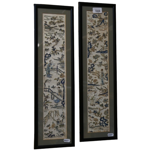 1026 - A pair of Chinese needlework on silk sleeves, framed, L54cm, and a silk needlework panel, framed, 37... 