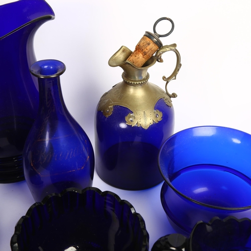 821 - A group of Bristol blue glassware, including a rum decanter with brass mount, 19cm overall, cut-glas... 