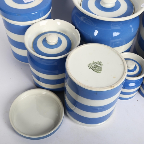 834 - T G Green Cornishware kitchen storage jars, with green shield back stamps, tallest 17.5cm