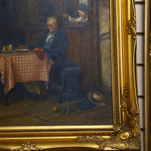 844 - A modern oil on canvas, in a modern giltwood frame, depicting an elderly gentleman eating at a table... 