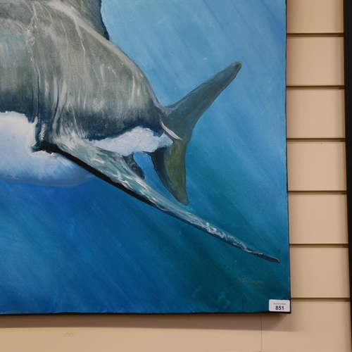 851 - Clive Fredriksson, a large unframed oil on canvas, study of a Great White shark, signed and dated bo... 