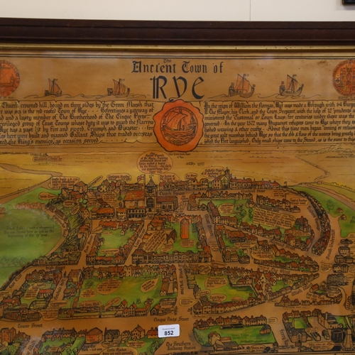 852 - A large framed coloured print of the Ancient town of Rye, published by P.F. White at the Merrythough... 