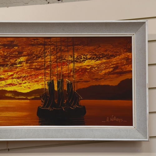 861 - A Williams, a mid-century oil on canvas, framed, signed to the bottom right-hand corner, titled boat... 