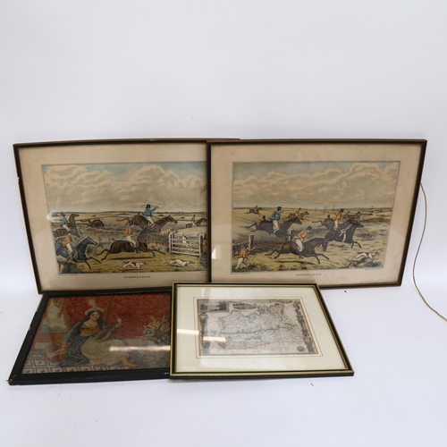 864 - A group of various pictures and prints, including 2 framed prints entitled Steeple Chase, from the p... 