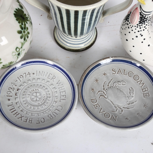 874 - 2 Rye pin dishes, Rye Pottery jug with green floral pattern, loving cup in Cottage Stripe pattern, a... 