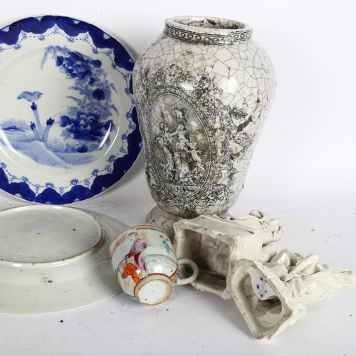 879 - A crackle glaze pottery vase, a Kylin, a Continental porcelain figure group, 15cm, and a pair of blu... 