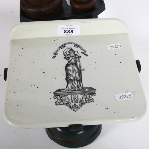 888 - A set of Victorian scales and weights, inscribed Justitia Virtutum Regina, limestone plate