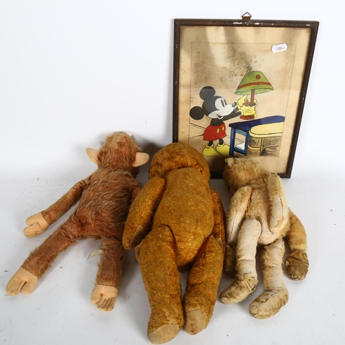 900 - A Vintage soft toy teddy bear, and 2 monkeys, and a Mickey Mouse watercolour, signed P Pauly 1949, f... 