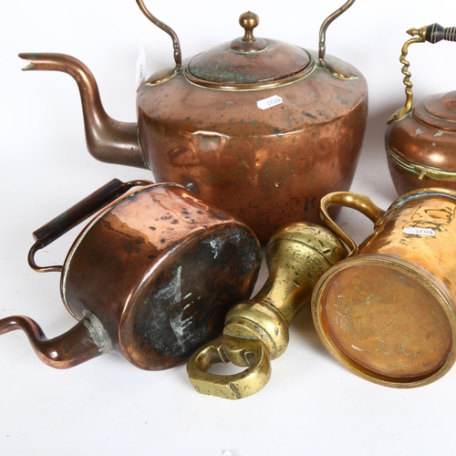 901 - Antique brass quart mug, a large copper kettle, 2 smaller ones, ashtray, and a 7lb brass weight