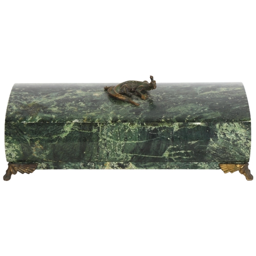 909 - A Chinese green marble box and cover, with bronze dragon handle and bracket feet, length 15cm