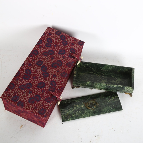 909 - A Chinese green marble box and cover, with bronze dragon handle and bracket feet, length 15cm