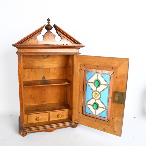 914 - Edwardian oak table-top cabinet, with shelf and drawer-fitted interior, and stained glass panel to t... 