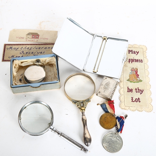 915 - 4 delicate Victorian embroidered cards, a pocket watch, magnifying glasses, medallions, souvenir Ves... 