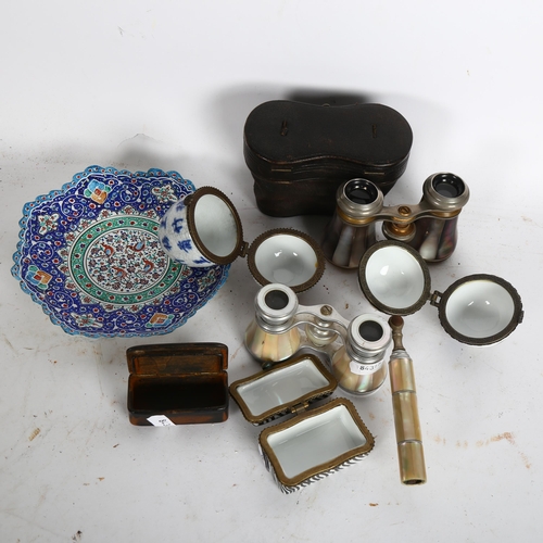 930 - A group of interesting items, to include a 2 pairs of unmarked Vintage opera glasses, 1 with associa... 