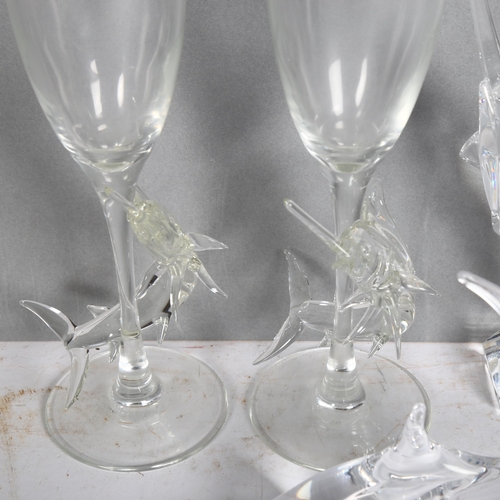 936 - A pair of Champagne glasses, with attached glass sculpture of a swordfish, H22.5cm, and 2 glass scul... 