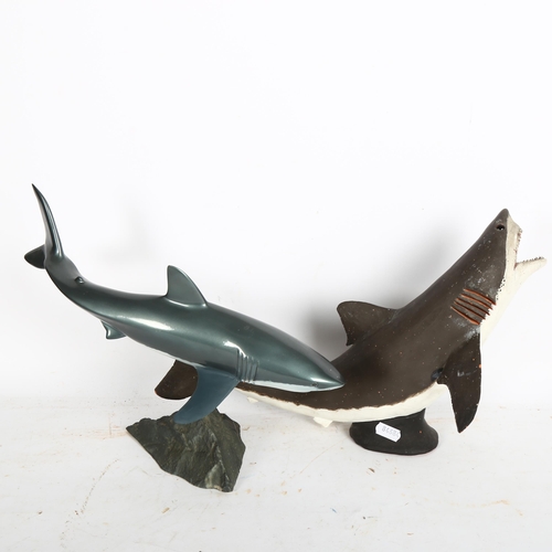 949 - A resin sculpture of a Great White shark, on stand, indistinctly signed, Len Jones?, and a terracott... 