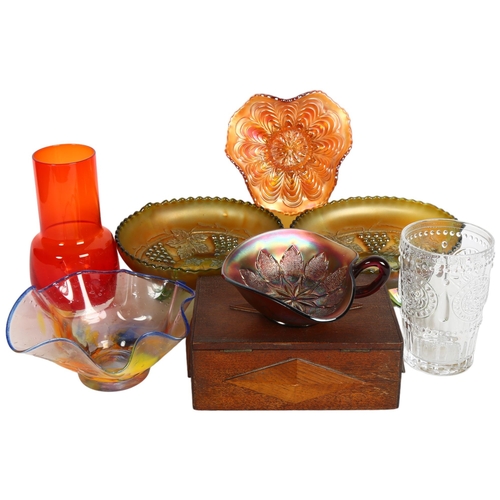 973 - 2 Carnival glass comports, 19.5cm, other glassware, and a wooden box