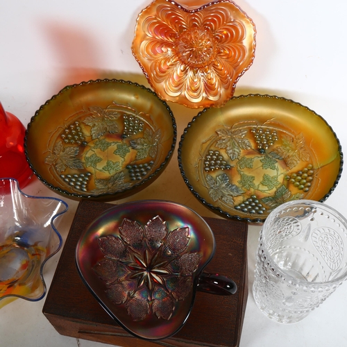 973 - 2 Carnival glass comports, 19.5cm, other glassware, and a wooden box