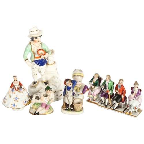 988 - A group of miniature porcelain figures, and a 19th century Staffordshire porcelain figure holding a ... 