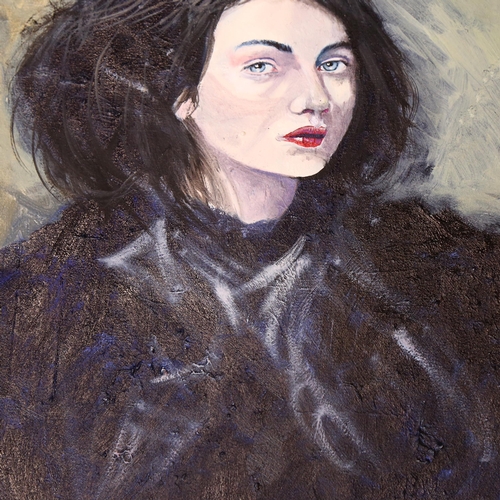 1041 - Clive Fredriksson, oil on canvas, portrait of a lady in a blue dress, 88cm x 50cm overall, unframed