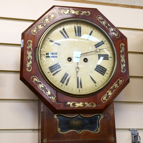 1043 - A 19th century mahogany and brass inlaid octagonal drop-dial wall clock, painted wooden dial, 8-day ... 