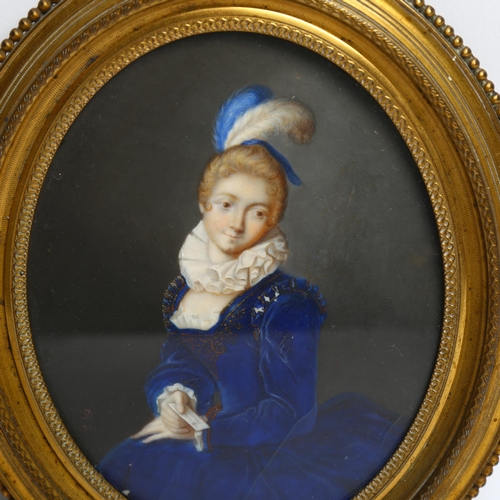 1076 - A 19th century oval miniature, watercolour on ivory, portrait of a lady in a blue dress with ruff, u... 