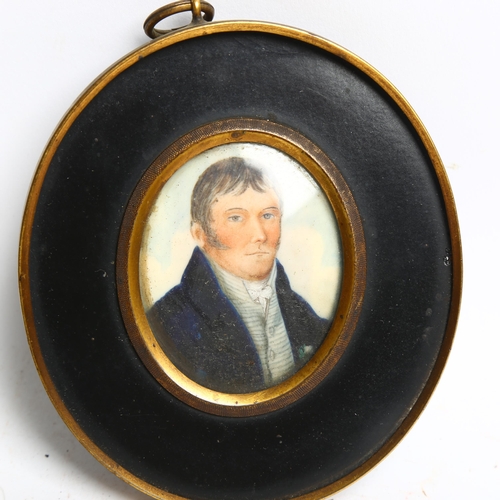 1080 - A 19th century oval miniature, watercolour on ivory panel, portrait of a gentleman, 10cm x 9.5cm. Th... 